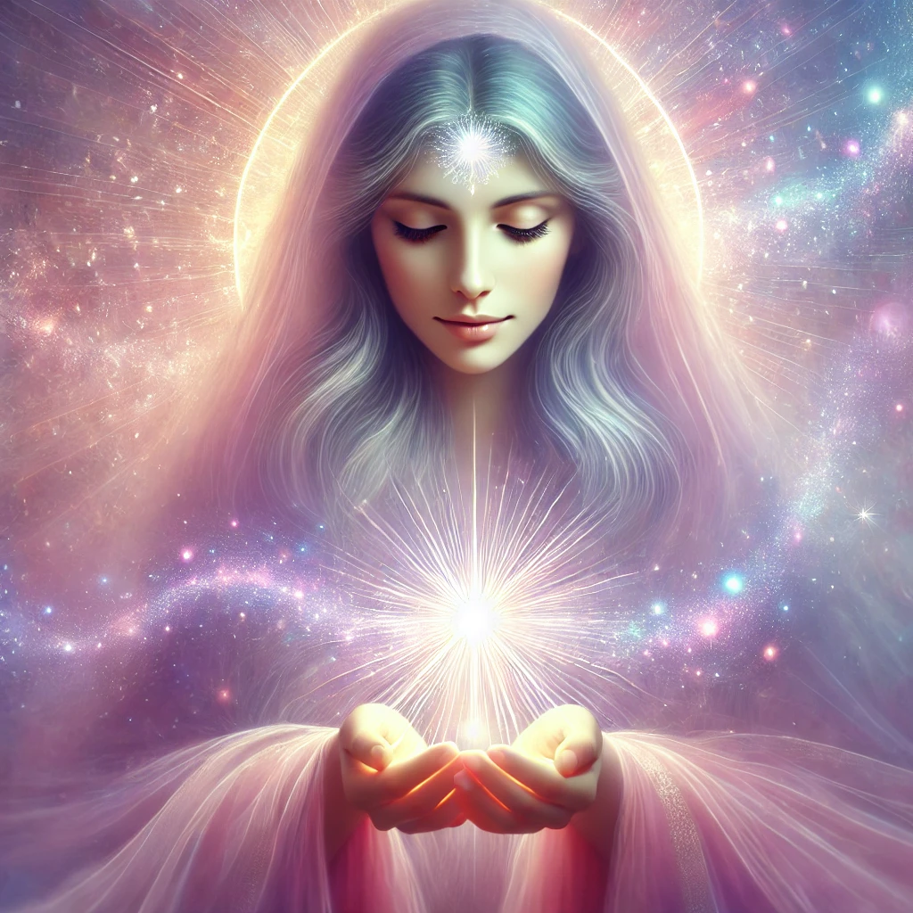 Vrouw in het universum met licht bol boven haar handen, licht stroomt door de afbeelding.