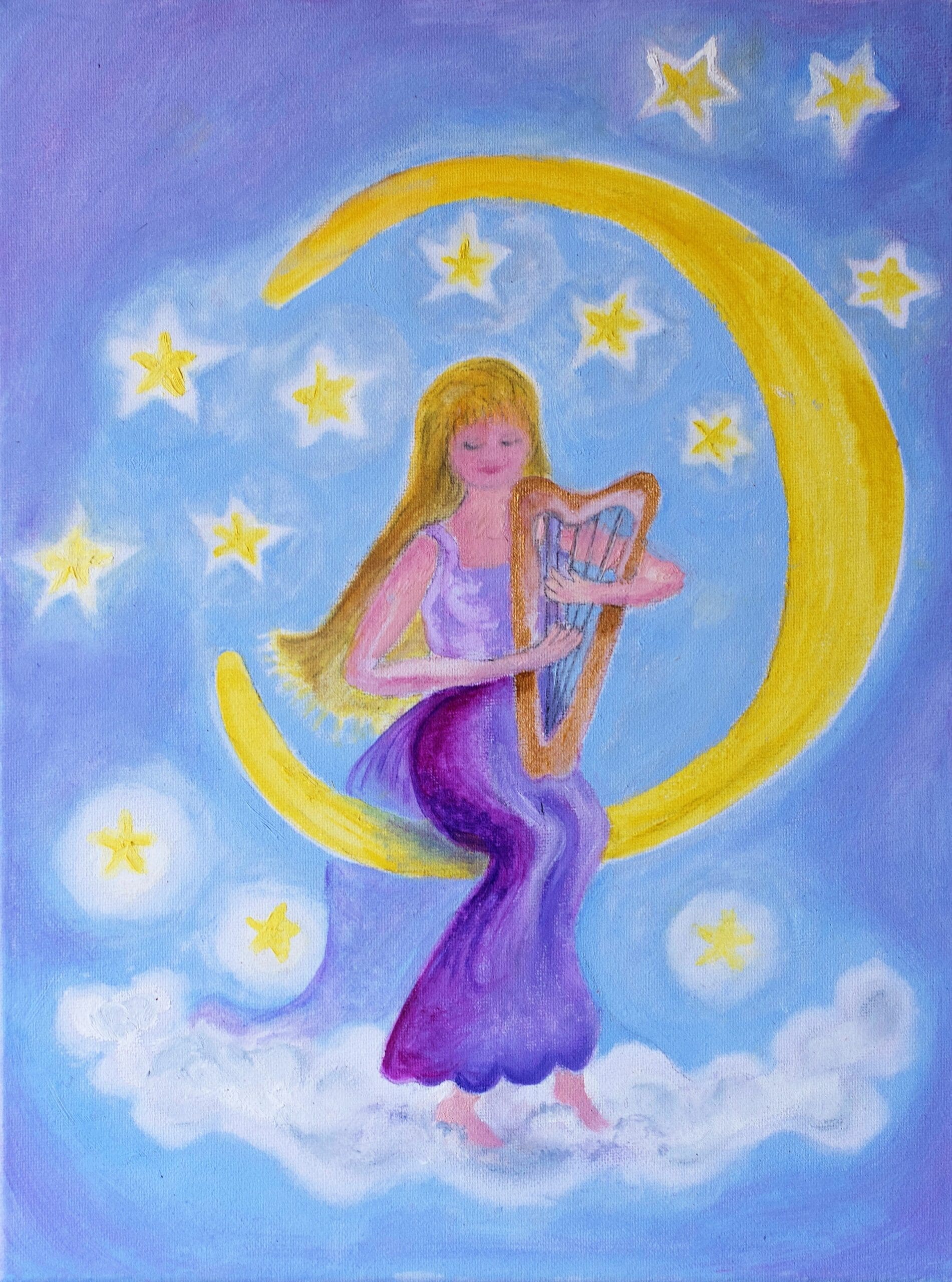 Meisje met harp Meisje met Harp op de maan zittend welke los is van grondtrauma's & oerwonden.