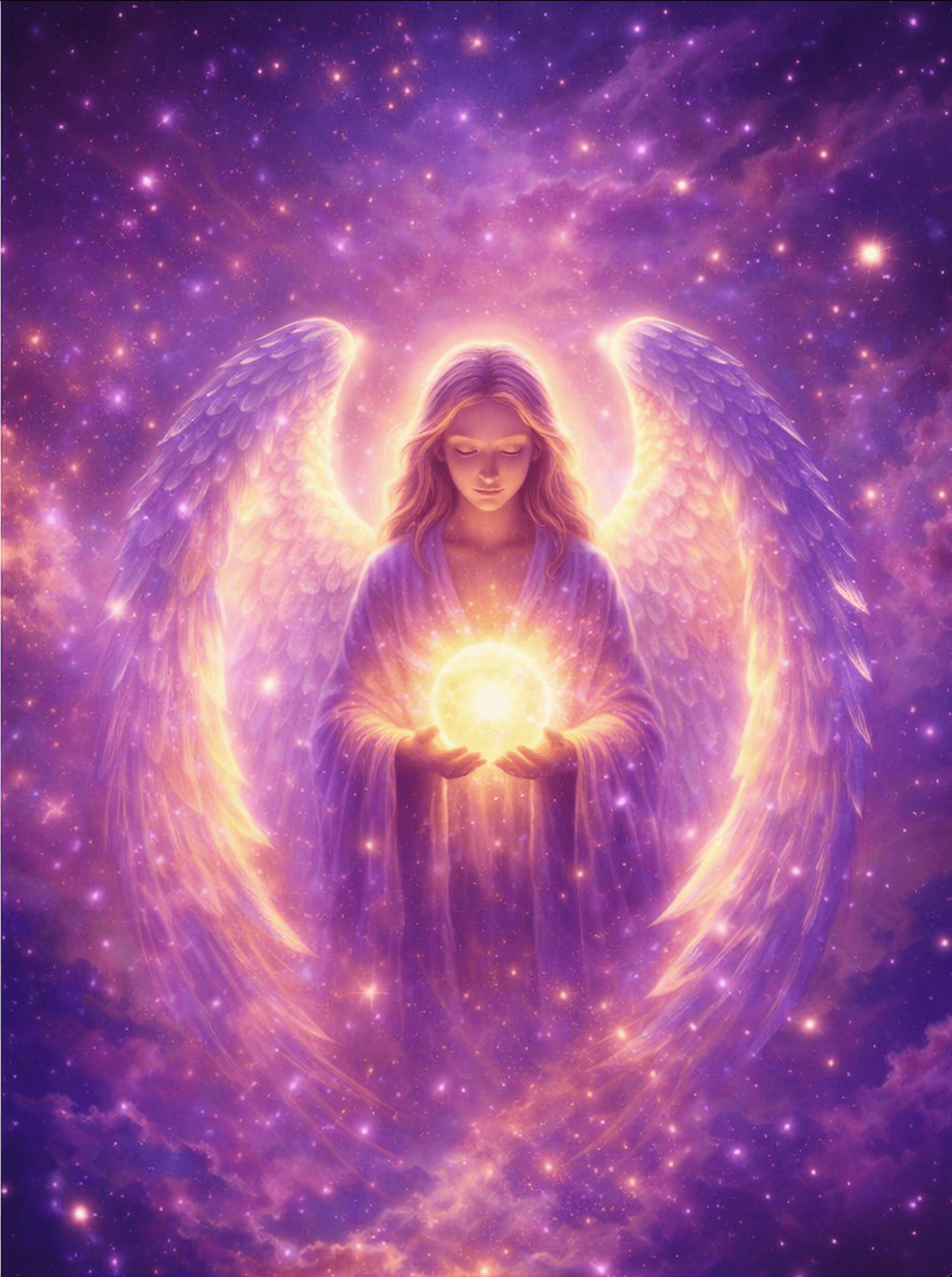 Engel met vluegels en een lichtbol in haar handen geschapen uit het universum. how life started