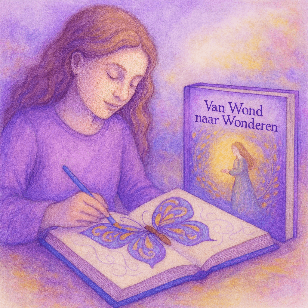 Meisje met Harp op de maan zittend welke los is van grondtrauma's & oerwonden.