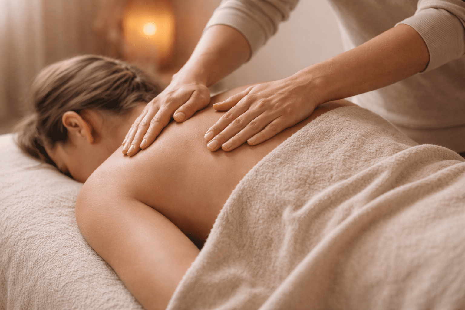 Lichaamsgerichte massage in Alkmaar: handen op schouders en rug om spanning na trauma los te laten